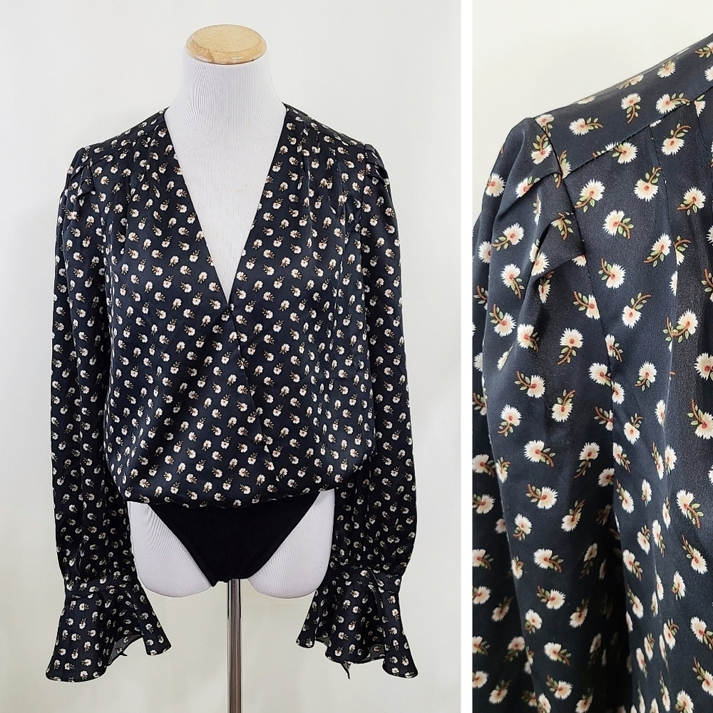 Acoa black satin floral bodysuit surplice bell sleeves size large NWT NEW